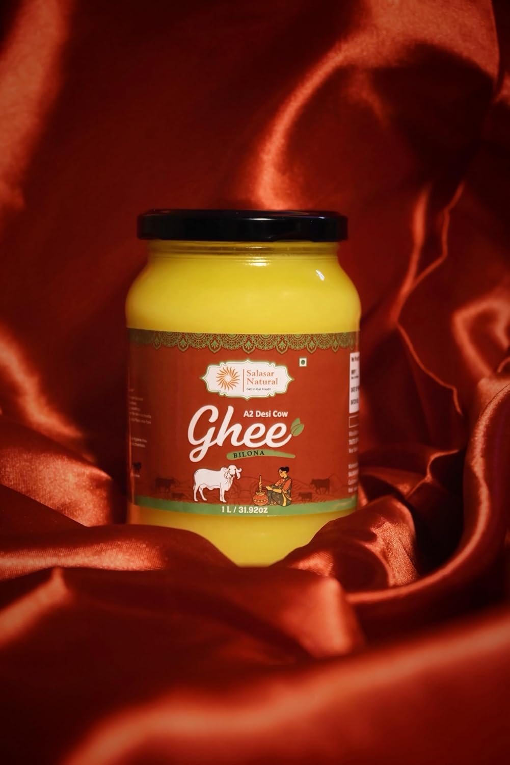 100% Pure A2 Bilona Desi Cow Ghee By Salasar Organic | Bilona Method Curd-Churned Pure Desi Ghee Good For Body Muscles | (500ml) 16.9 Ounce | Jar Pack