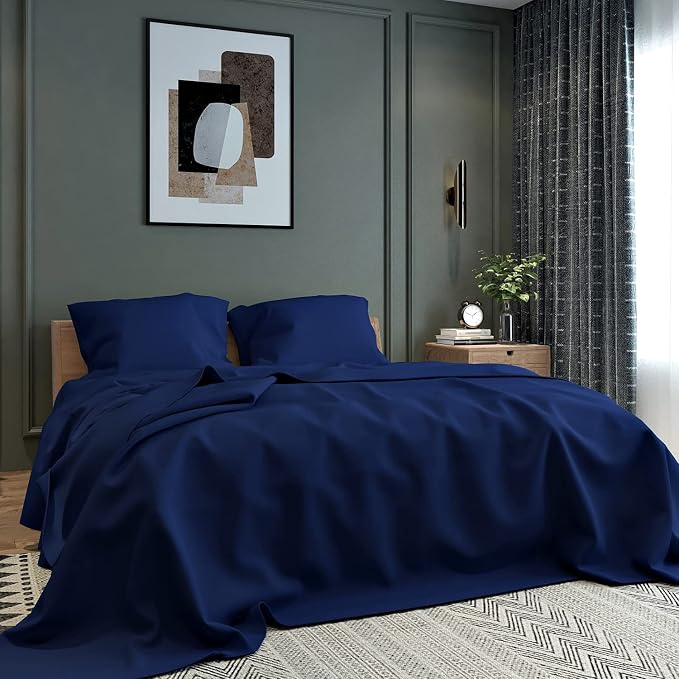 Bedsheet For Double Bed King Size Microfiber Bedsheet With 2 Pillow Covers - Size 100 X 90 Inch, Navy Blue | 144 TC Microfiber King Size Bedsheet