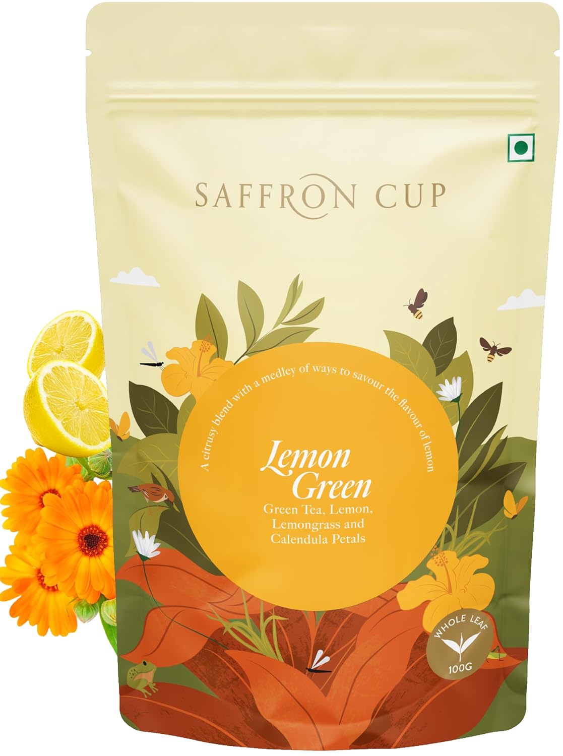 Saffron Cup Lemon Green Tea - 100gm, 3.5 Ounce | Infused With With Lemon Peel & Lemongrass - 100% Natural, Rich In Antioxidants | Low Caffeine, Airtight Zip Lock Pouch - Ideal For Detox