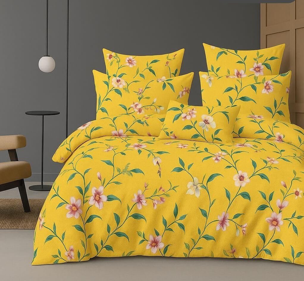 Queen Size Printed Double Bedsheet With 2 Pillow Covers For Home | 90 X 100 Inches, Yellow - Beautiful Bedsheet Set | Perfect For Gifting Wedding, Anniversary