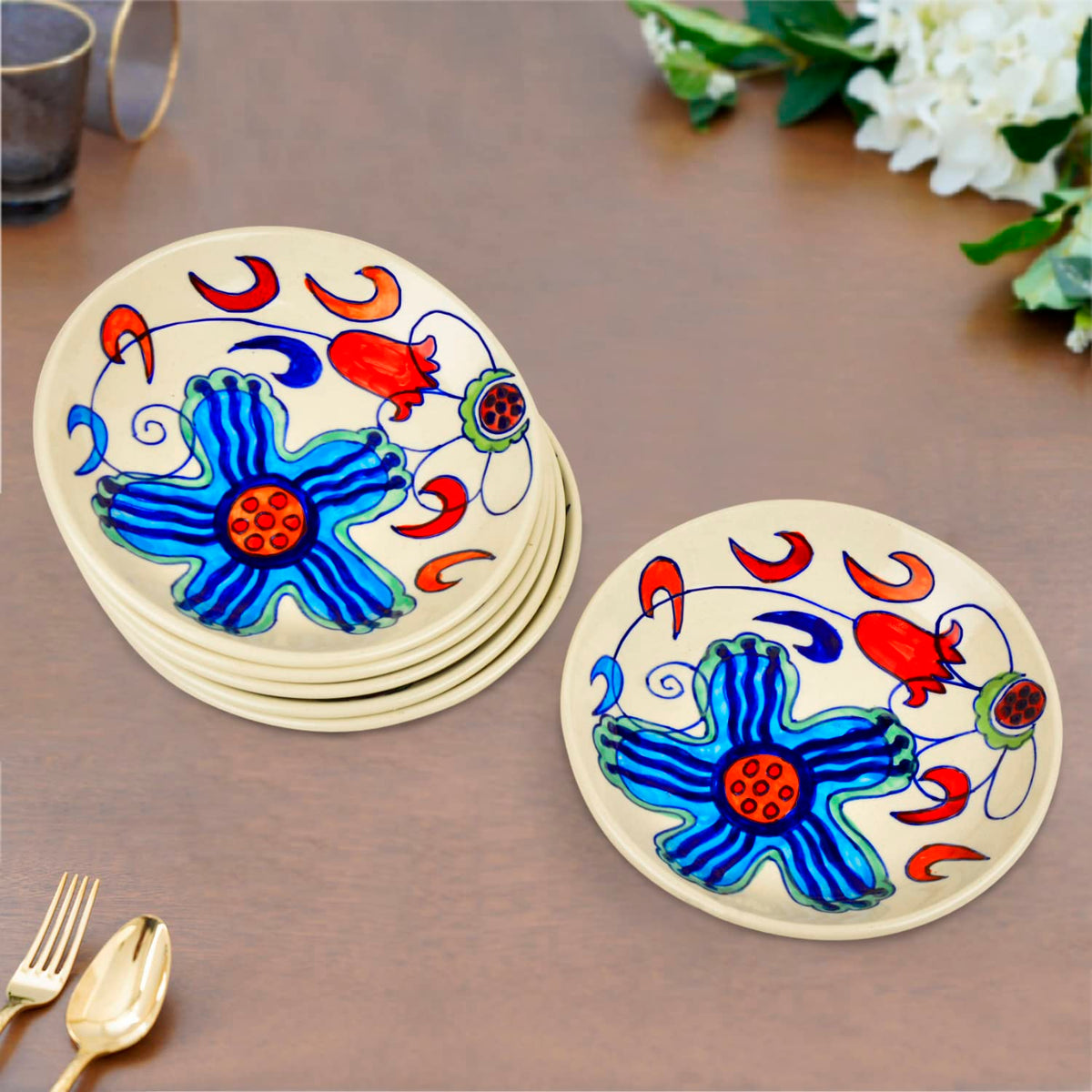 Hand Painted Ceramic Floral Round Pasta Serving Plates Set Of 6 - 8.5 Inches, Off White & Multicolor | Soup Plates - Ceramic Maggi Plates