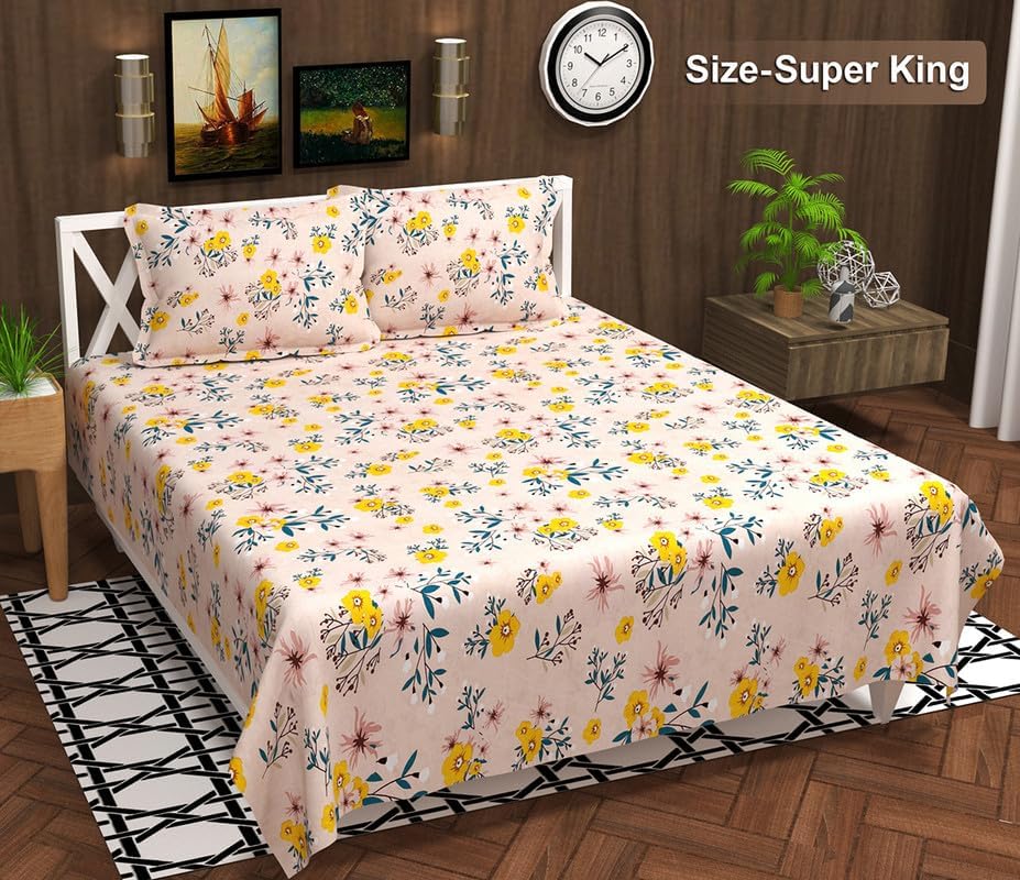 King Size Double Bedsheets With 2 King Size Pillow Covers - 108 X 108 Inches, Beige & Yellow | Luxury Soft Bedsheets, Breathable - Perfectly For Gifting Wedding Anniversary