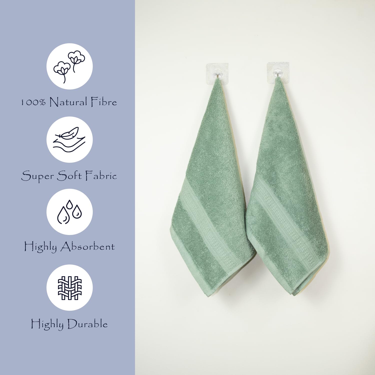 Rangoli 100% Cotton Fibre 2 Hand Towel 500 Gsm | Highly Durable & Super Absorbent Towel | Skin-Friendly & Quick Drying Luxury Towels (Mint Green)