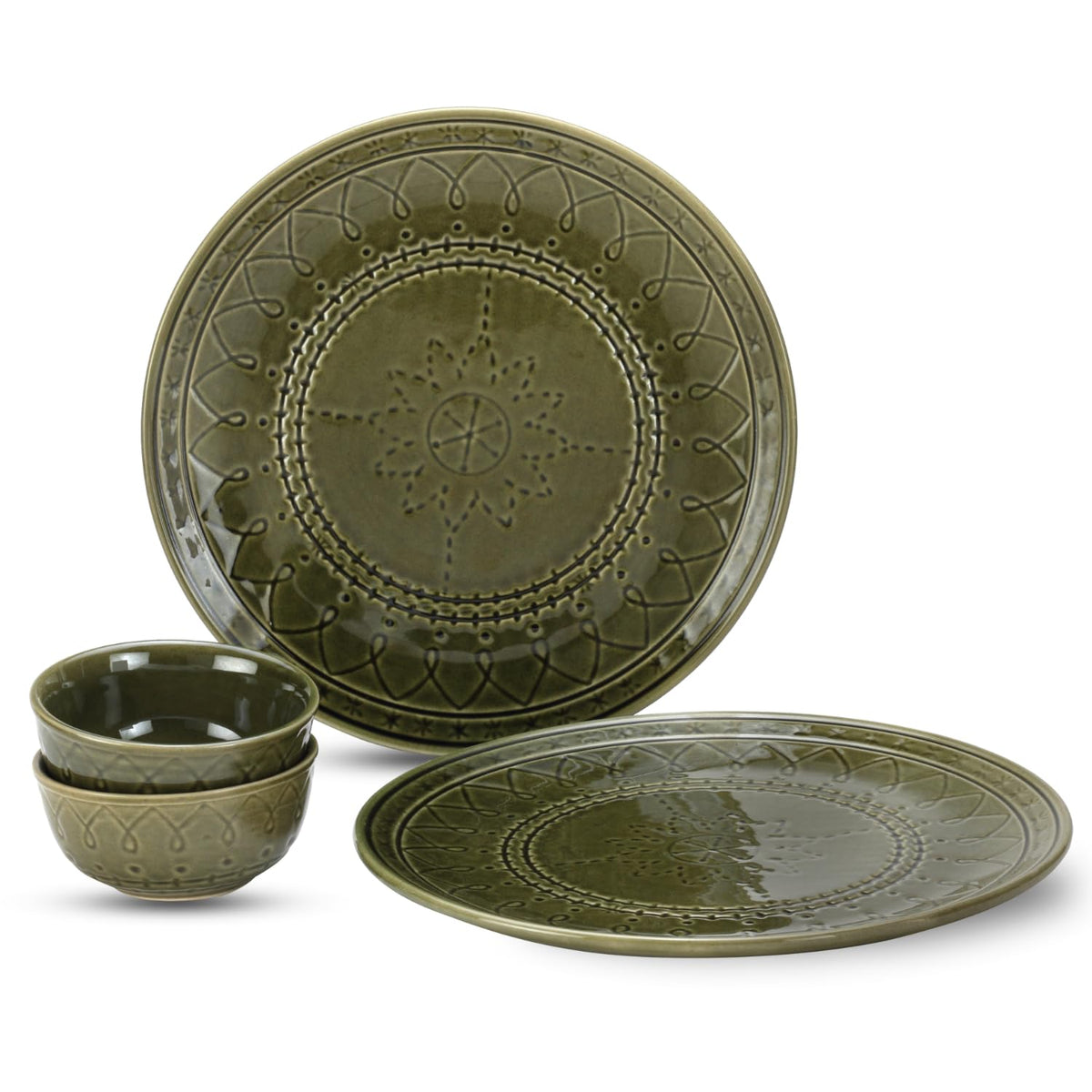 Handcrafted Stoneware Embossed Ceramic Dinner Set Of 4 Pcs - Moss Green | 2 Dinner Plates + 2 Salad Bowls, 180ml Each - Microwave & Dishwasher Safe