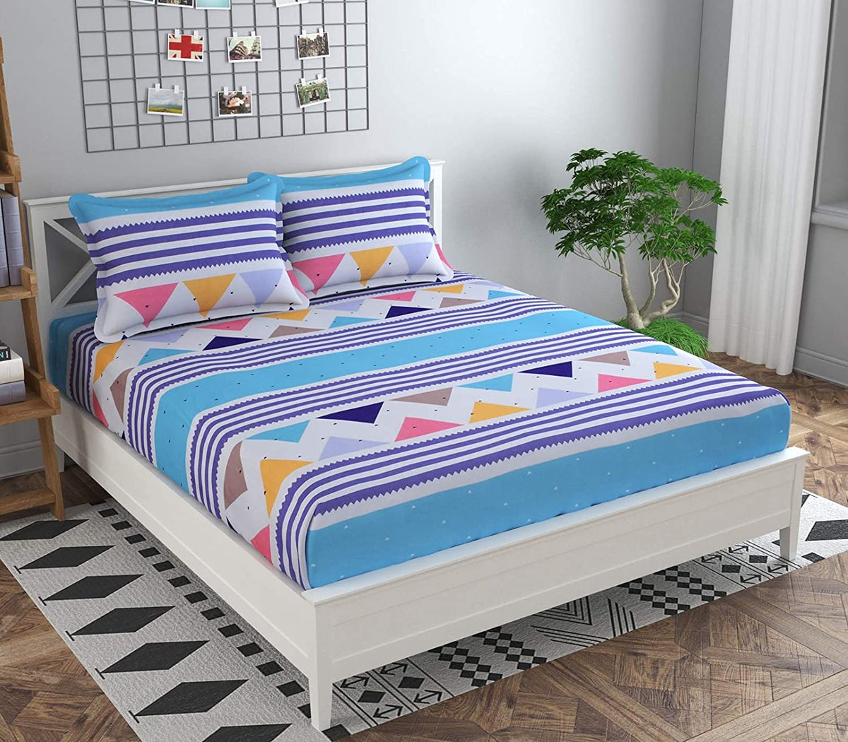 King Size Double Bed Bedsheet With 2 Pillow Cover With 2 Pillow Cover - 72 X 78 X 8 Inches, White & Blue | Cotton Elastic Fitted Printed Bedsheet