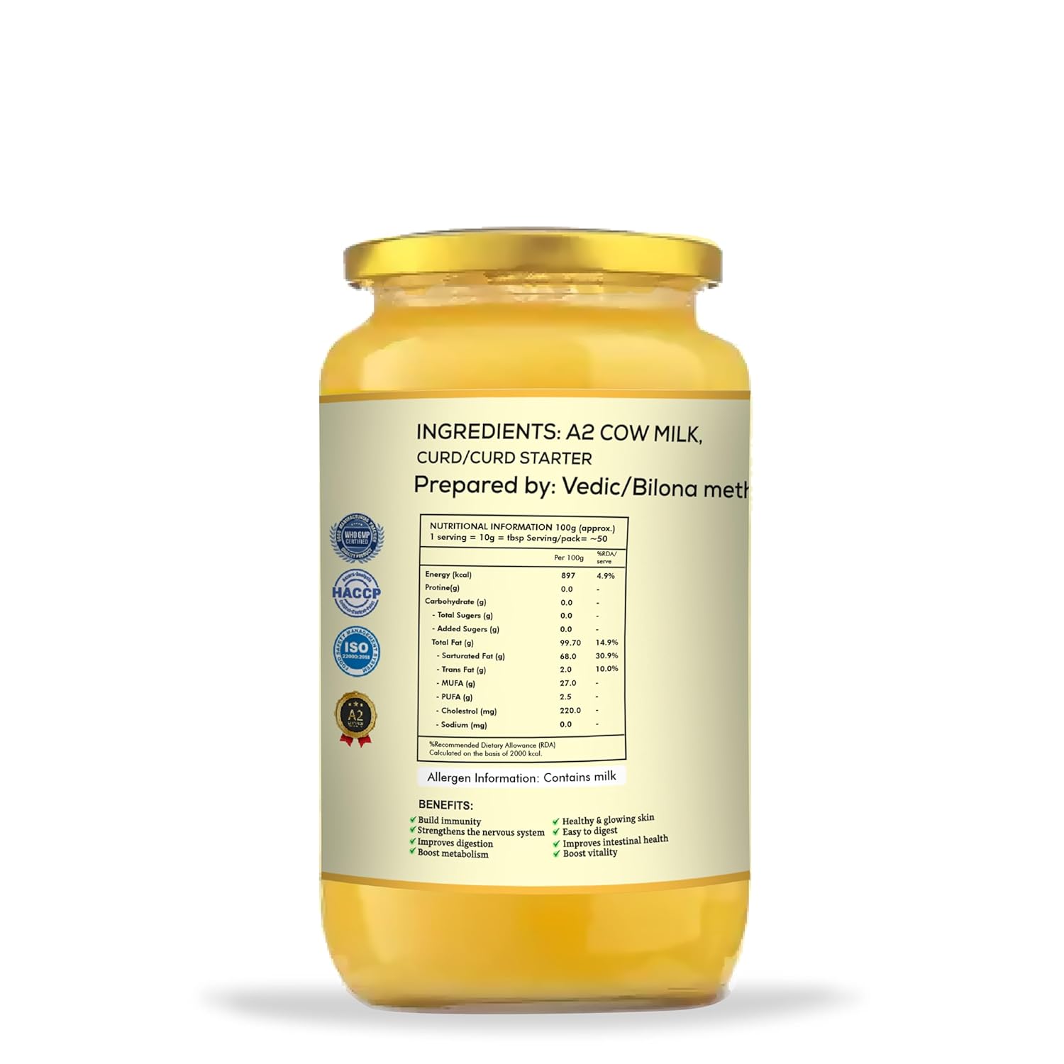 100% Natural A2 Desi Cow Ghee With Wooden Spoon By Curdley | Great Source Of Energy Healthy & Nutrients Cow Ghee Good For Skincare | (1 Litre) 33.8 Ounce | Jar Pack