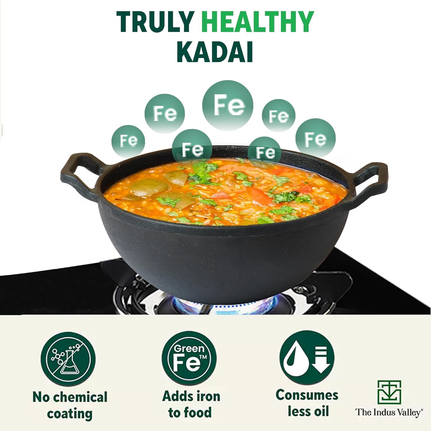 Pre-Seasoned Black Cast Iron Kadai With Curved Handle - Medium, 25cm, 9.8 Inch, 3.2 Liters, 3.3 Kg | Induction Friendly, Naturally Nonstick Kadhai, 100% Pure & Toxin-Free, No Chemical Coating