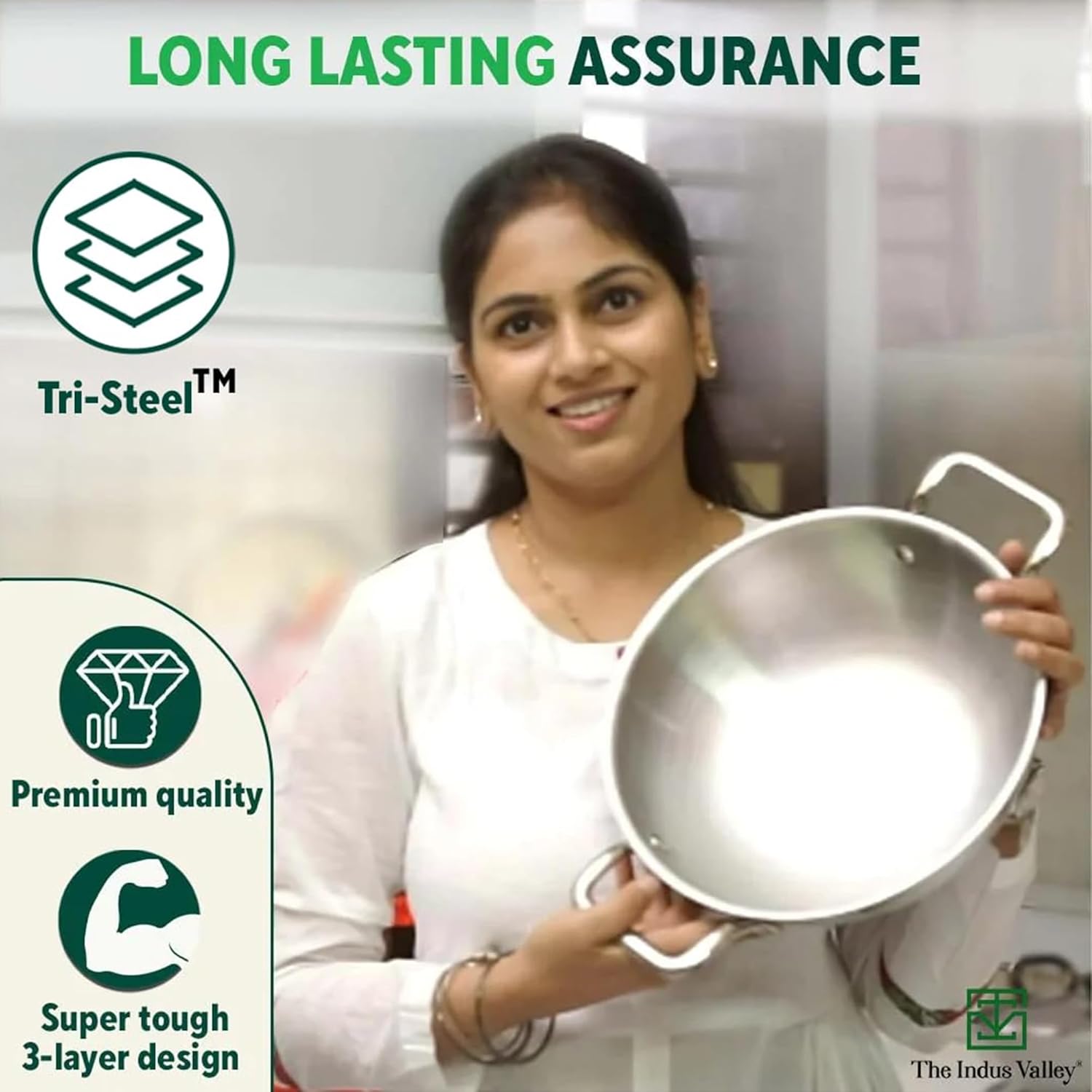 Triply Stainless Steel Kadai Or Kadhai With Free Wooden Spatula For 1-2 People - Very Small, 20.3cm, 8 Inch, 1.7 Liters, 1kg | Induction Friendly, Nonstick 3-Layer Body, No Chemical Coating