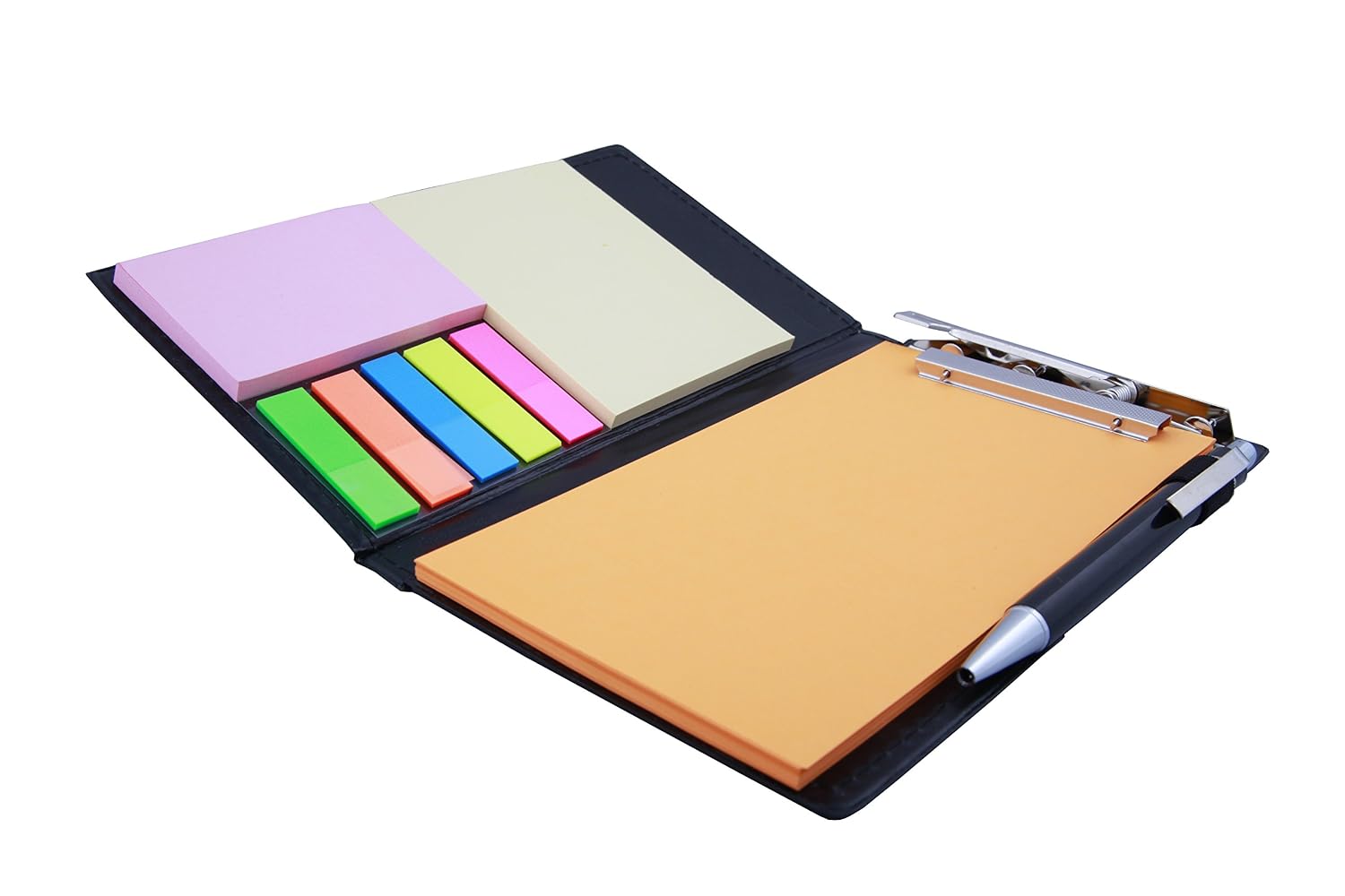 Sticky Notes, Clip Holder & Pen | Desk & Office Organizer Notebook (Orange)