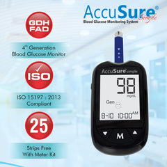 AccuSure Instant Digital Simple Glucometer Kit With 25 Strips+ 10 Lancets+ 1 Lancing Device For Accurate Blood Glucose Sugar Testing Machine