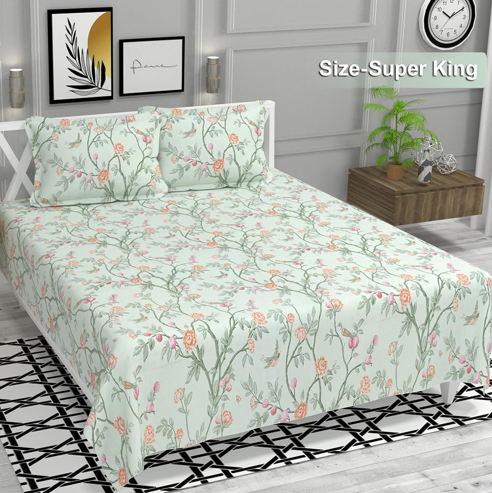 Super King Size Double Bedsheets With 2 King Size Pillow Covers - 108 X 108 Inches, White Green | Luxury Soft Sheet, Lightweight & Breathable Bedsheet