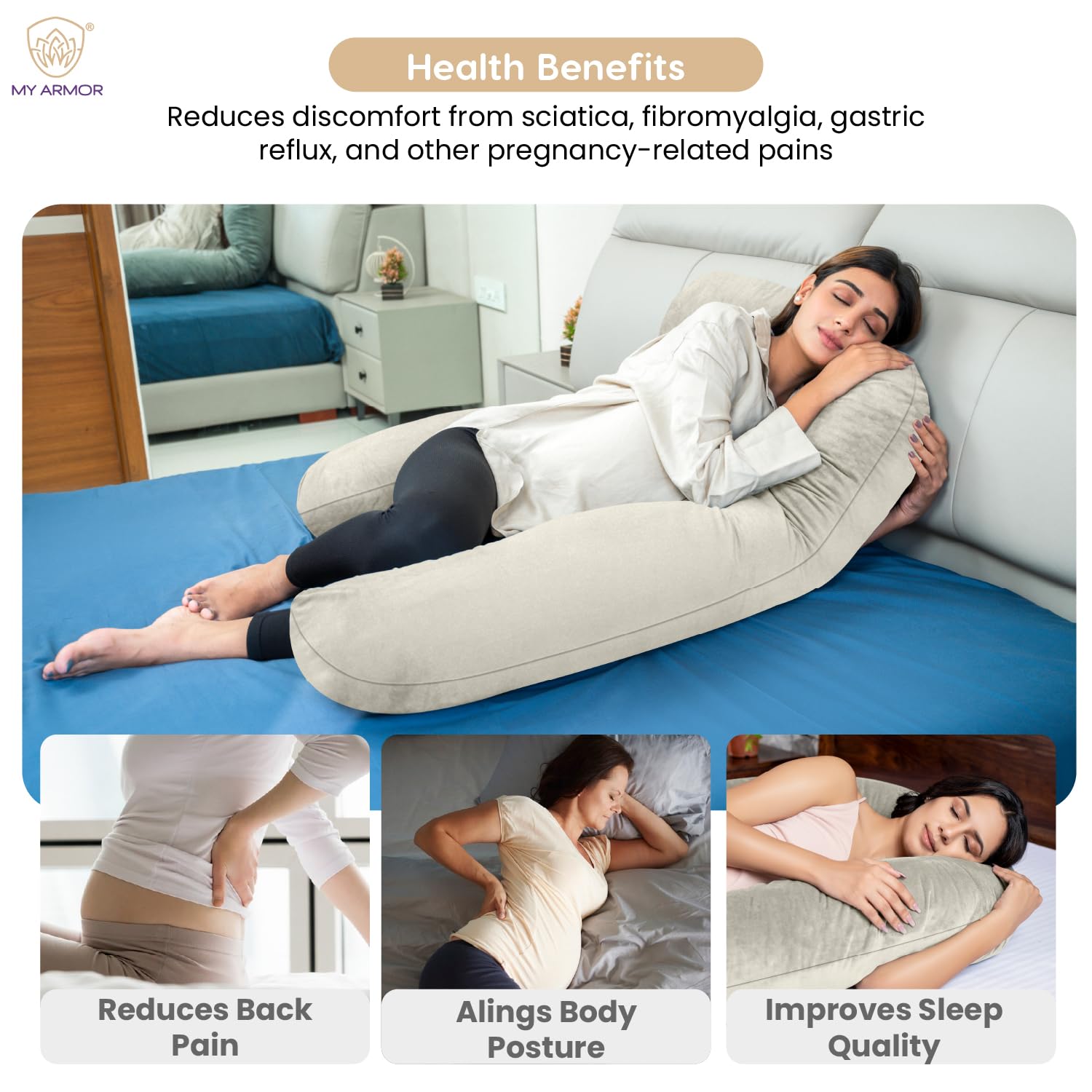 Full Body U Shape Pregnancy Pillow For Women, Maternity Pillow, Cream Color | Pillow Gift For Pregnancy Sleeping, Premium Velvet Cover With Zip | Adjustable & Washable, Relieves Pain