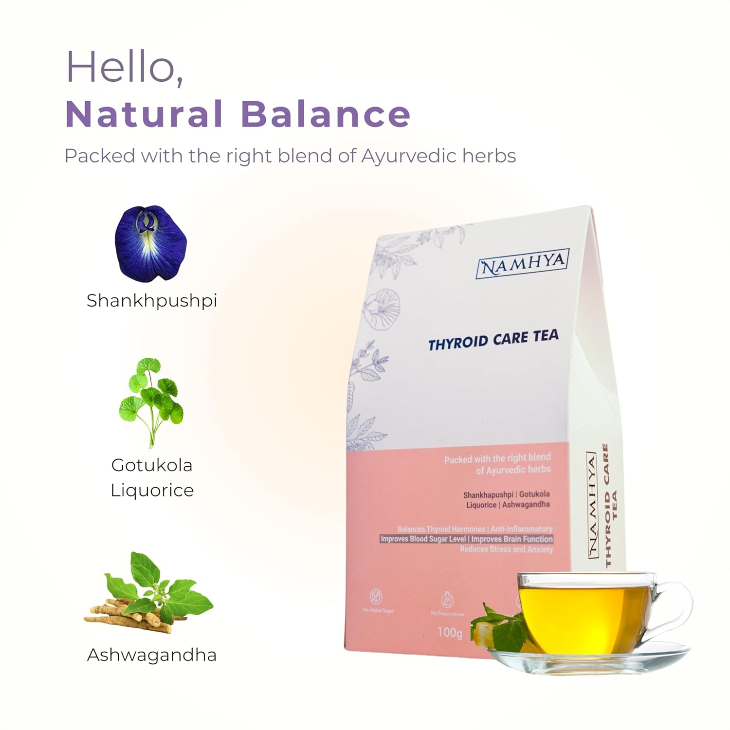 Namhya Thyroid Care Green Tea For Hypothyroidism - 100gm, 3.5 Ounce | Loaded With Natural Ayurvedic Herbs To Restore Healthy T3, T4 Levels - Helps Sleep, Weight Management | High Caffeine