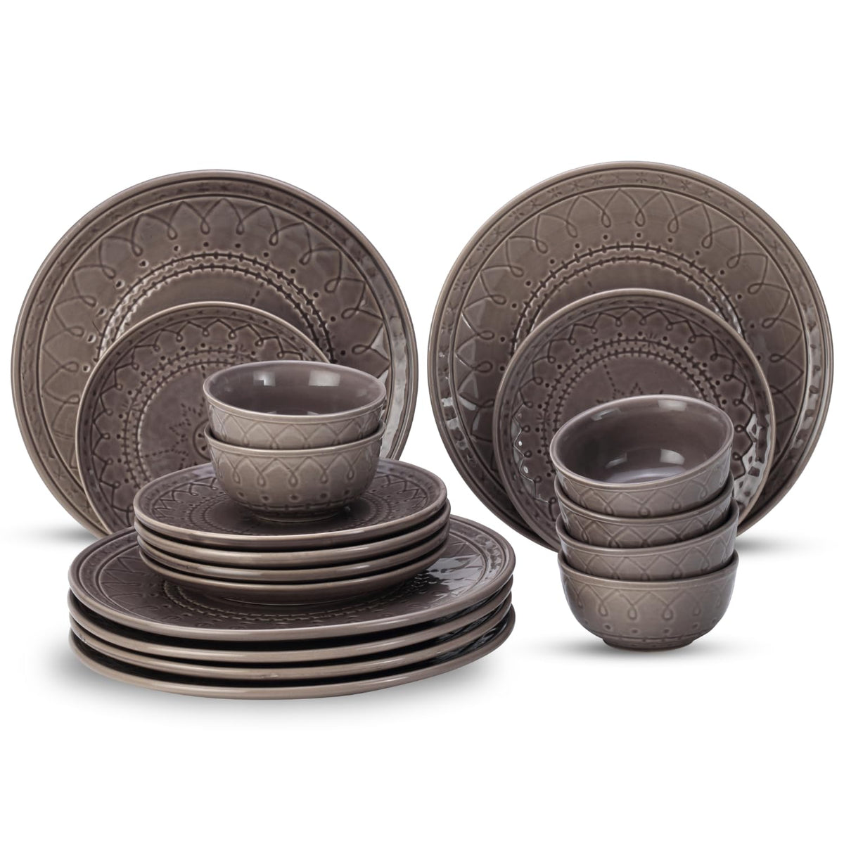 Handcrafted Stoneware Embossed Ceramic Dinner Set Of 18 Pcs - Ash Grey | 6 Dinner Plates+ 6 Small Plates+ 6 Small Dinner Bowls, 180ml Each | Microwave & Dishwasher Safe - Serving For 6