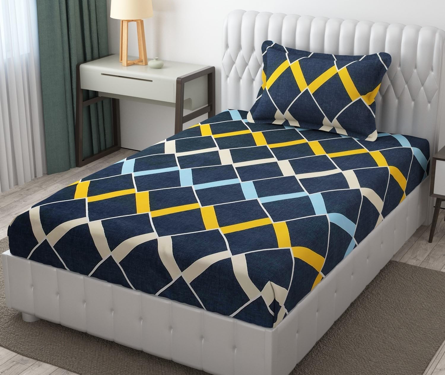 Cotton Printed 1 Single Bedsheet With 1 Large Size Pillow Covers - 60 X 90 Inches, Navy Blue | 240 Thread Count - Light Weight, Suitable For All Seasons & Easy To Wash