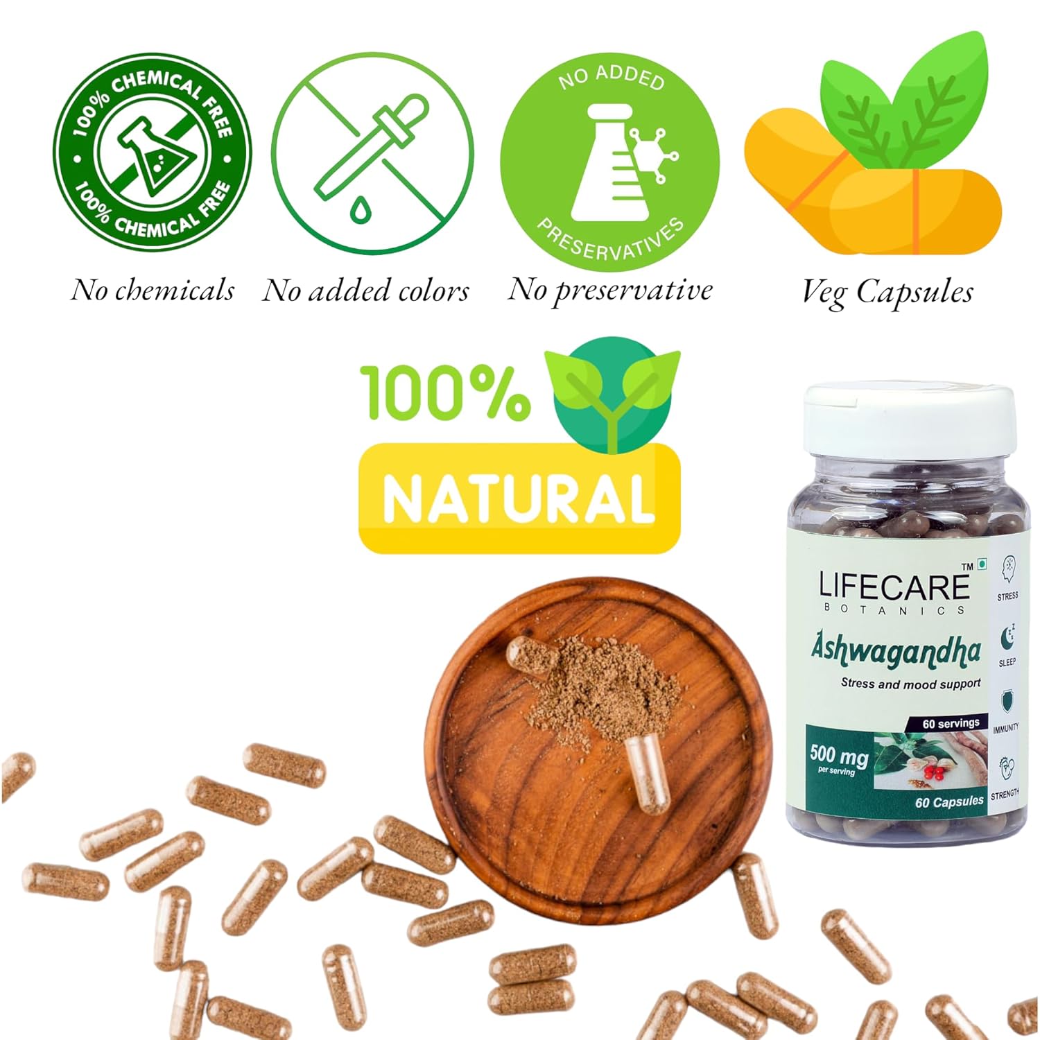 Lifecare Botanics Ashwagandha Capsules 500mg, Stress Reliever, Mood Enhancer, Strength Builder, Immunity Booster | 60 Veg Capsules 100gm 0.2lbs