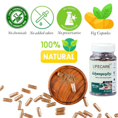 Lifecare Botanics Ashwagandha Capsules 500mg, Stress Reliever, Mood Enhancer, Strength Builder, Immunity Booster | 60 Veg Capsules 100gm 0.2lbs
