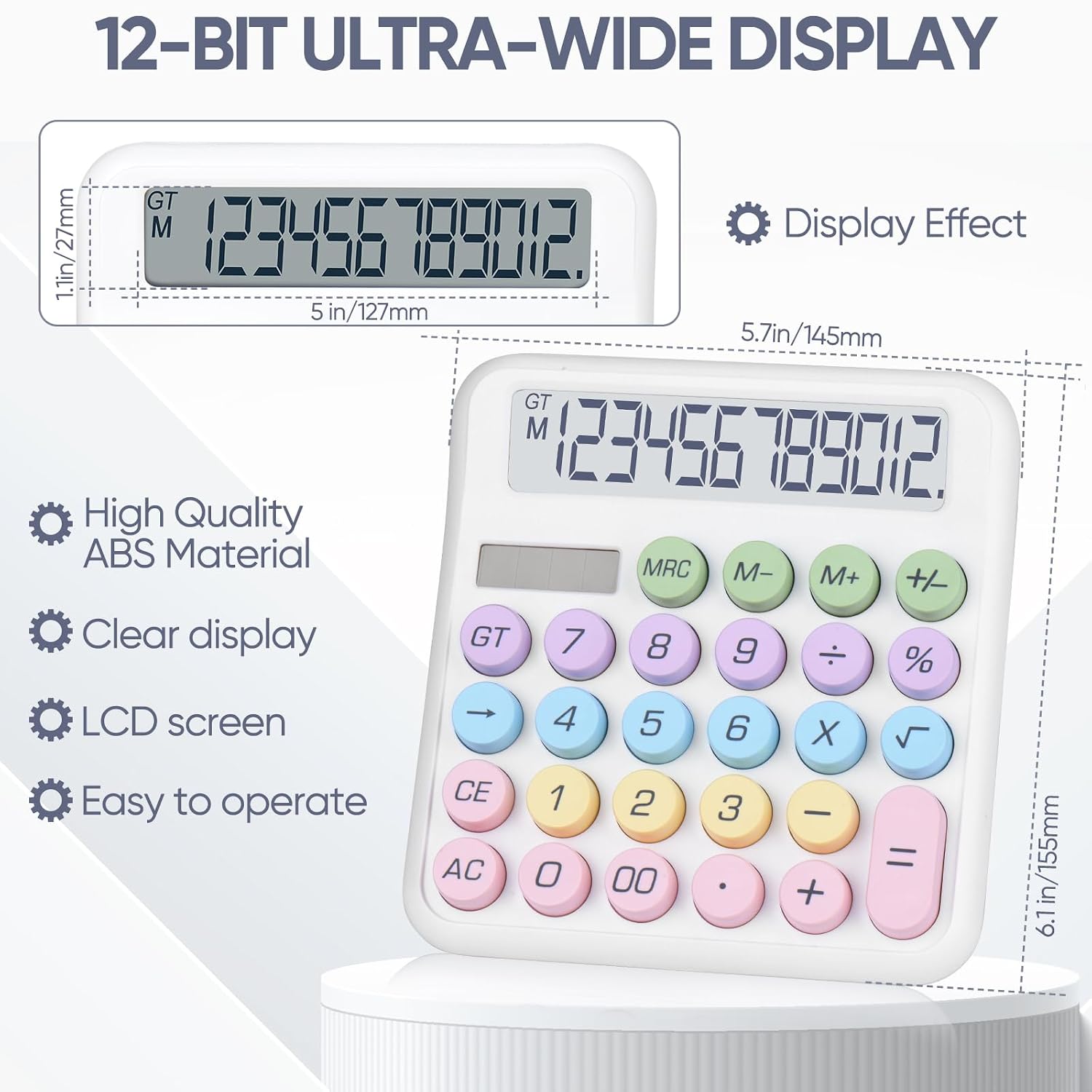 Desktop Calculator, Powered By Batteries (Included) 12 Digit Large LCD Display, Big Buttons Easy To Press, Automatic Sleep, For Office, School, Home. (White)