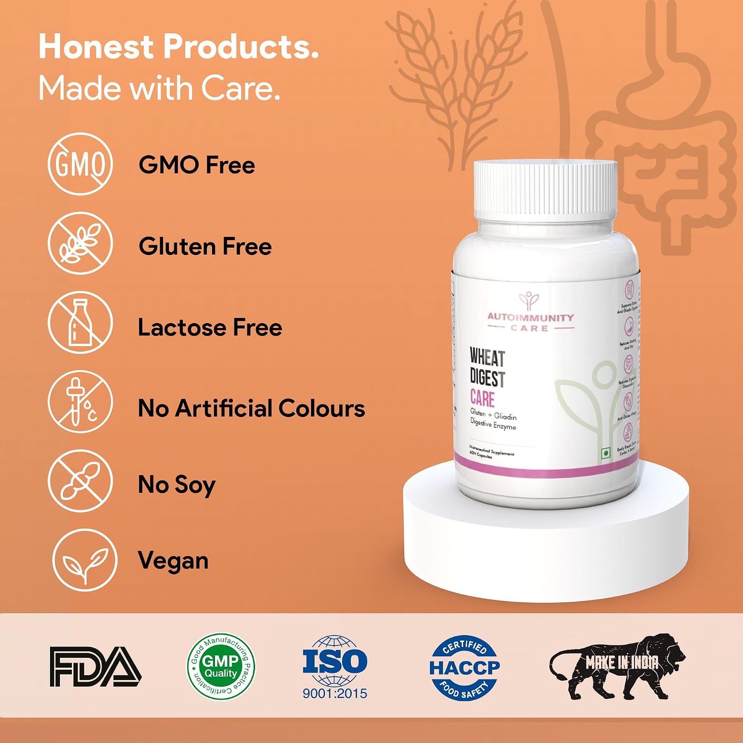 Autoimmunity Care Wheat Digest Care, Gluten + Gliadin Digestive Enzyme Supplement, For Gluten Digestion, Helps To Digest Wheat, Maida, Barley & Other Cereal Grains | 60 Veg Capsules, 100gm 0.2lbs