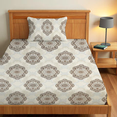 Printed Bedsheet For Single Bed With 1 Pillow Cover - 60 X 90 Inches, Beige & Brown | Super Soft - Glace Cotton Breathable & Wrinkle Free - 2 Pcs Set