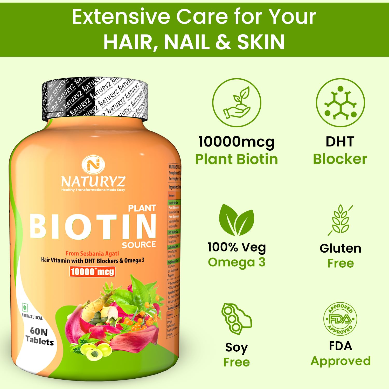 Naturyz 100% Plant Based Biotin Tablets With High Protein Vitamin Dht Omega 3 For Strong Hairs, Nails Growth & Glowing Skin | 60 Tablets , 100gm 0.2lbs