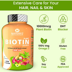 Naturyz 100% Plant Based Biotin Tablets With High Protein Vitamin Dht Omega 3 For Strong Hairs, Nails Growth & Glowing Skin | 60 Tablets , 100gm 0.2lbs