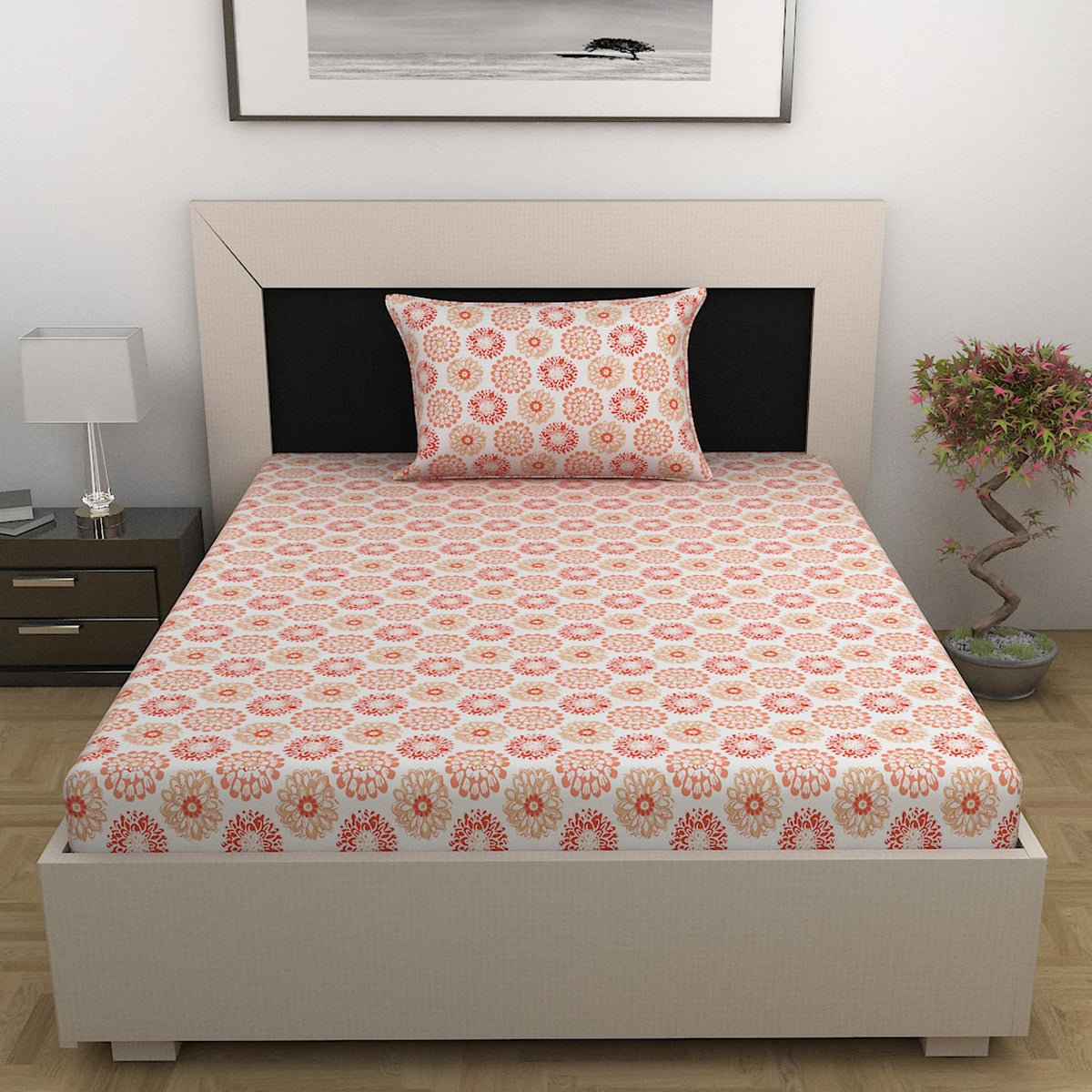 100% Cotton Single Bedsheet With 1 Matching Pillow Covers - 57 X 87 Inches, White & Red Orange | All Weather Comfort & Bedroom - Softness & Natural Breathability