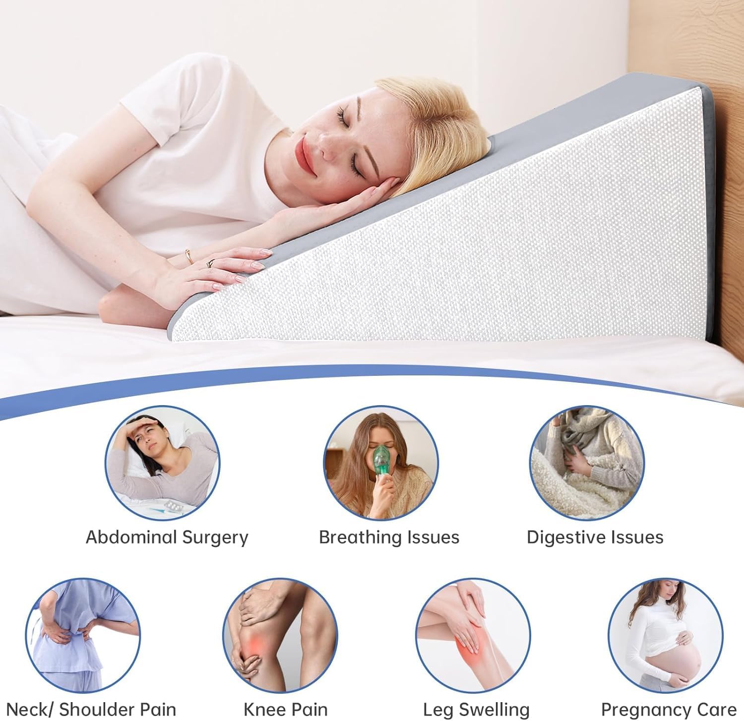 Wedge Pillow High Density For Back Support, Acid Reflux, Snoring, Grey & White, Size - Large | Leg Elevation, Pregnancy Pillow | Lightweight, Anti-Slip, Breathable, Resting Pillow