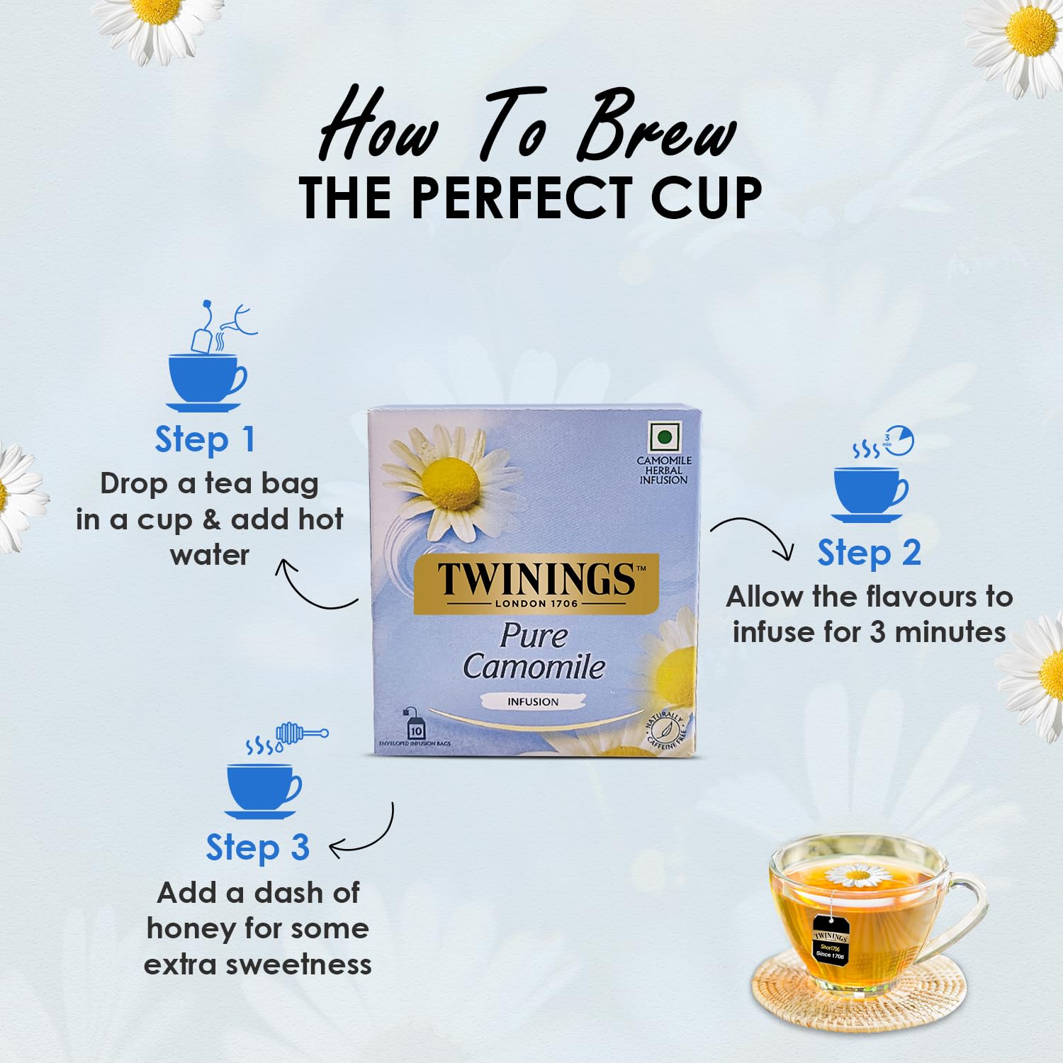 Twinings Pure Chamomile Infusion Tea - 10gm, 0.35 Ounce, 10 Envelope Tea Bags | Promotes Good Sleep, Stress Relief, Relax - Light & Gentle Taste, Caffeine Free