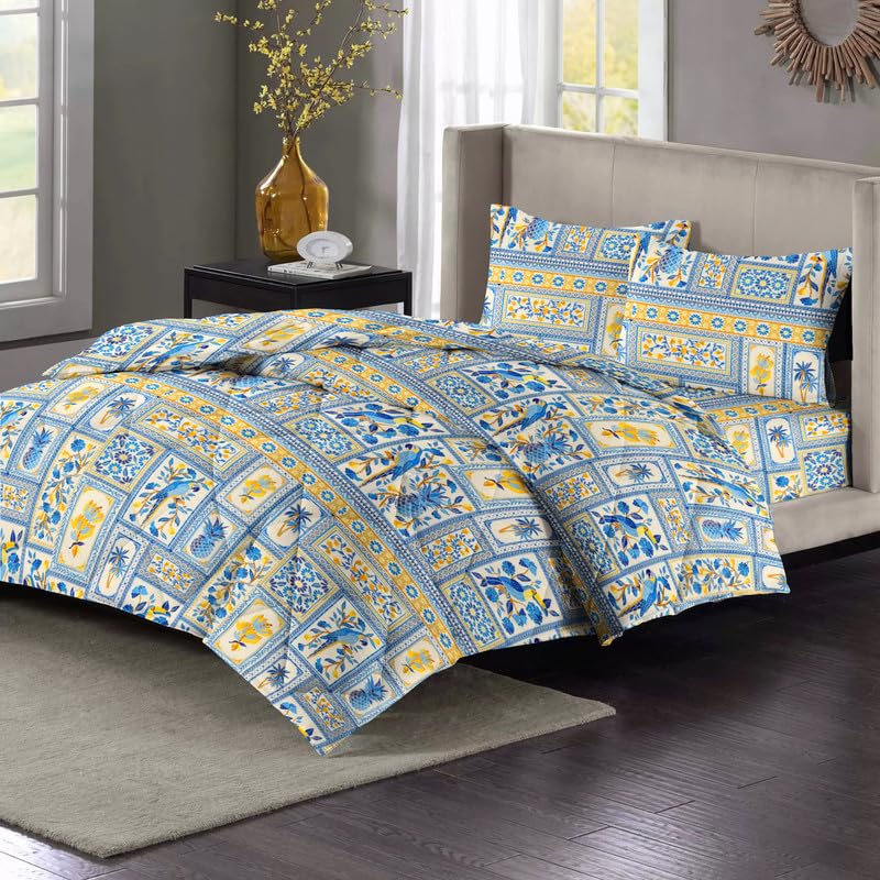 1 Double Bedsheet & 2 Pillow Covers With 1 Comforter Set - 90 X 100 Inches, White & Blue | Super Soft Glace Cotton King Size - 4 Pcs Bedding Set | Perfect Gifts Set Wedding, Anniversary