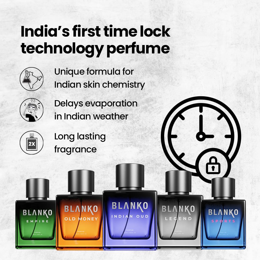 Blanko Luxury Collection TLT Men's Parfum Gift Set Pack Of 5x 3.4 Fl.oz. | Empire+ Old Money+ Indian Oud+ Legend+ Sports | Long Lasting Fragrance Perfume With Time Lock Technology