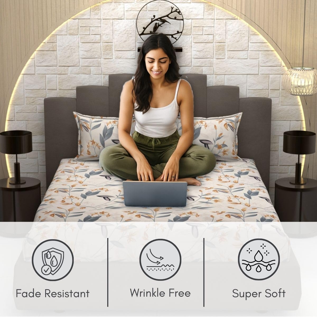 Bedsheet For Queen Size Bed With 2 Pillow Covers - 90 X 100 Inches, Beige & Grey | Soft, Breathable, Wrinkle Free & Fade Resistant