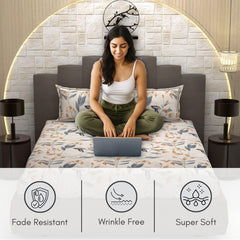Bedsheet For Queen Size Bed With 2 Pillow Covers - 90 X 100 Inches, Beige & Grey | Soft, Breathable, Wrinkle Free & Fade Resistant