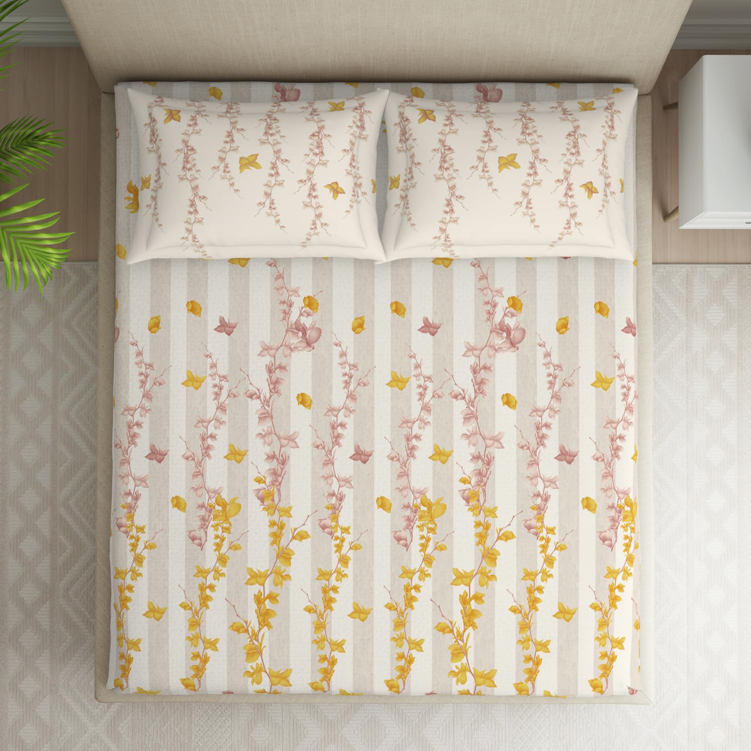 Double Bedsheet With 2 Pillow Covers (Size 88 X 100 Inch) Cream & White | Breathable Pure Cotton Queen Size Bedsheet | Floral Design Bedsheet