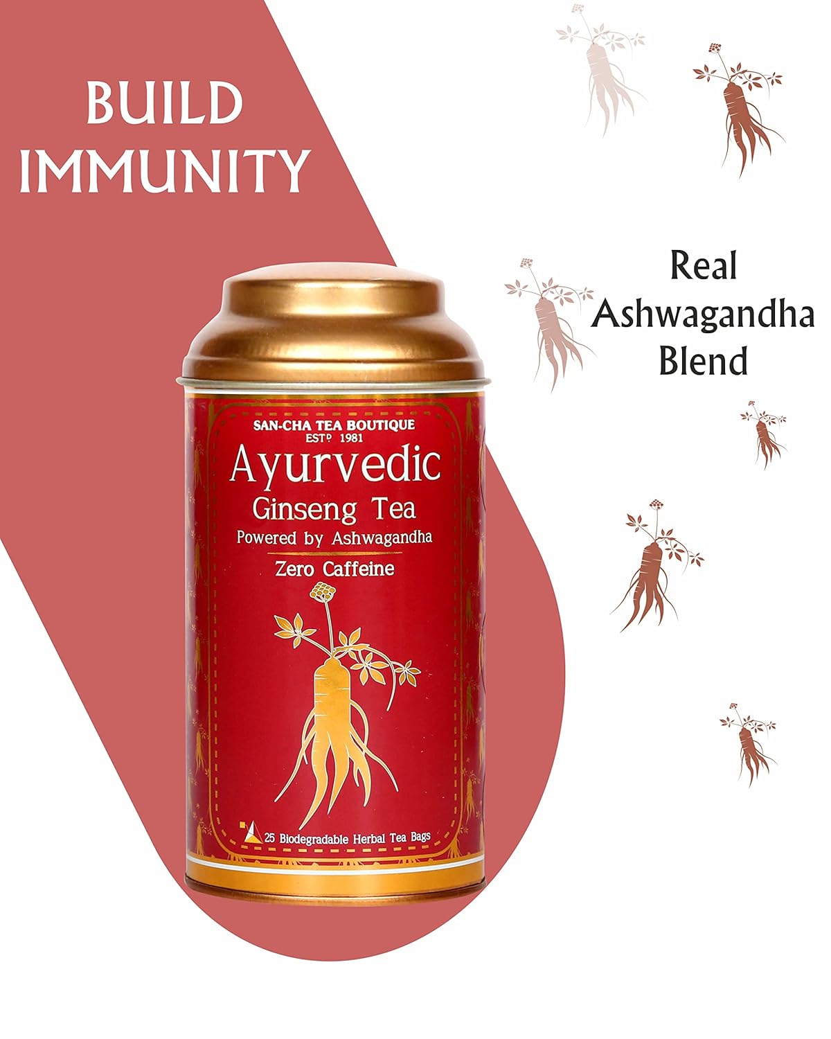 San-Cha Ayurvedic Ginseng Tea - 25 Pyramid Tea Bags | Enhance Energy, Blended With Rich Antioxidant - Zero Caffeine | Pure Herb & Spice Blend