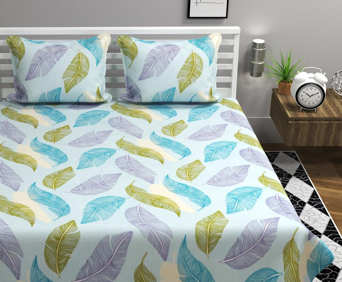 Soft Cotton King Size Bedsheet For Double Bed With 2 Large Size Pillow Covers | 108 X 108 Inches, White & Blue - Ultra Soft, Breathable, Softness | All Season, Summer, Winter