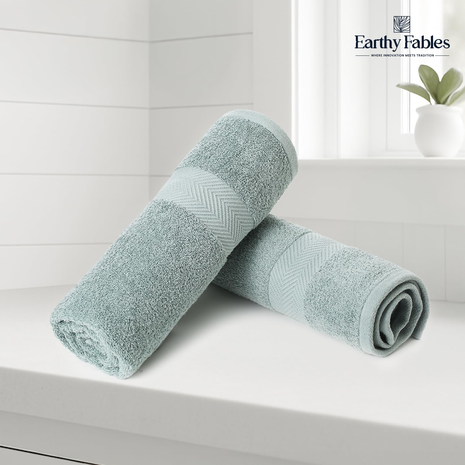 Earthy Fables Pure Carded Cotton Bath Towel 1000 Gsm | Soft, Absorbent, Quick Dry & Skin-Friendly Towel Set Of 2 (Seafoam)