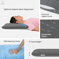 Cooling Gel Memory Foam Pillow, Pillow For Sleeping, Thin Size - 3 Inch | Neck Pain Relief & Back Support Cushion With Grey Pillow Cover | Portable, Removable Cover - Pack Of 1