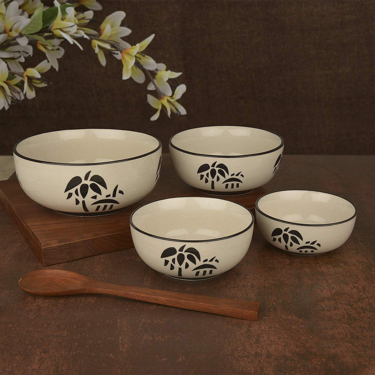 Studio Pottery Hand Painted Dinner Serving Bowl Set Of 4 - 1200ml, 650ml, 450ml & 250ml, Off White & Black | Dinner Serving Donga Set - Stackable Kitchen Bowl Set