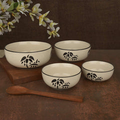 Studio Pottery Hand Painted Dinner Serving Bowl Set Of 4 - 1200ml, 650ml, 450ml & 250ml, Off White & Black | Dinner Serving Donga Set - Stackable Kitchen Bowl Set