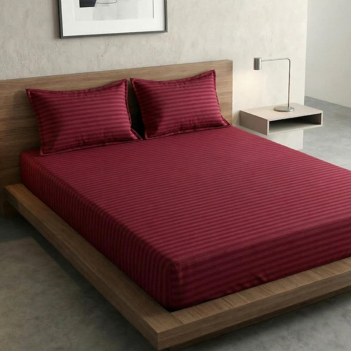 Maroon Satin Stripe Elastic Fitted Double Bedsheet (72x78 Inches) With 2 Pillow Covers | Soft To Touch & Comfortable | 300 Thread Count