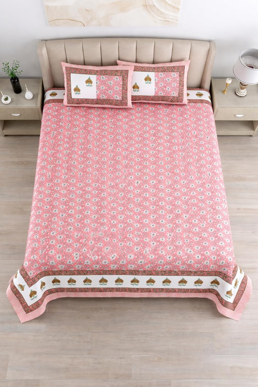 Jaipuri Cotton Bedsheet For King Size With 2 Pillow Covers | 90 X 108 Inches, Pink | Ultra-Soft & Skin-Safe | Breathable Summer Comfort