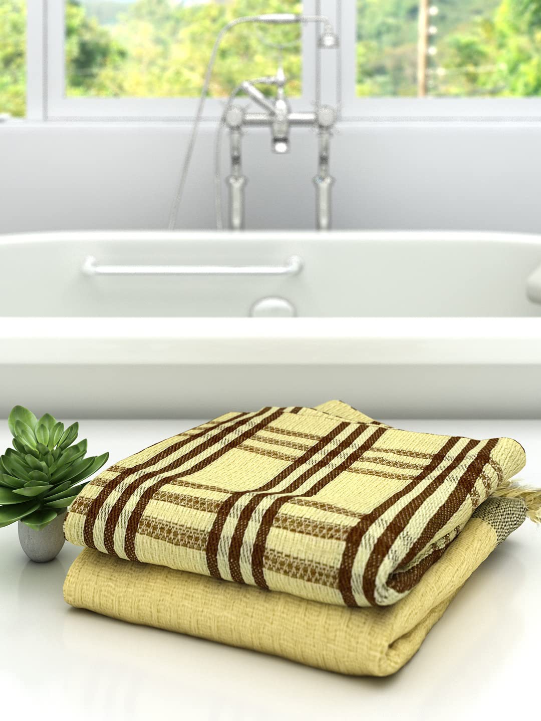 Athom Trendz Living Eco Saviour Premium Cotton Bath Towel 400 Gsm | Waffle Yellow & Alfa Yellow- Pack Of 2