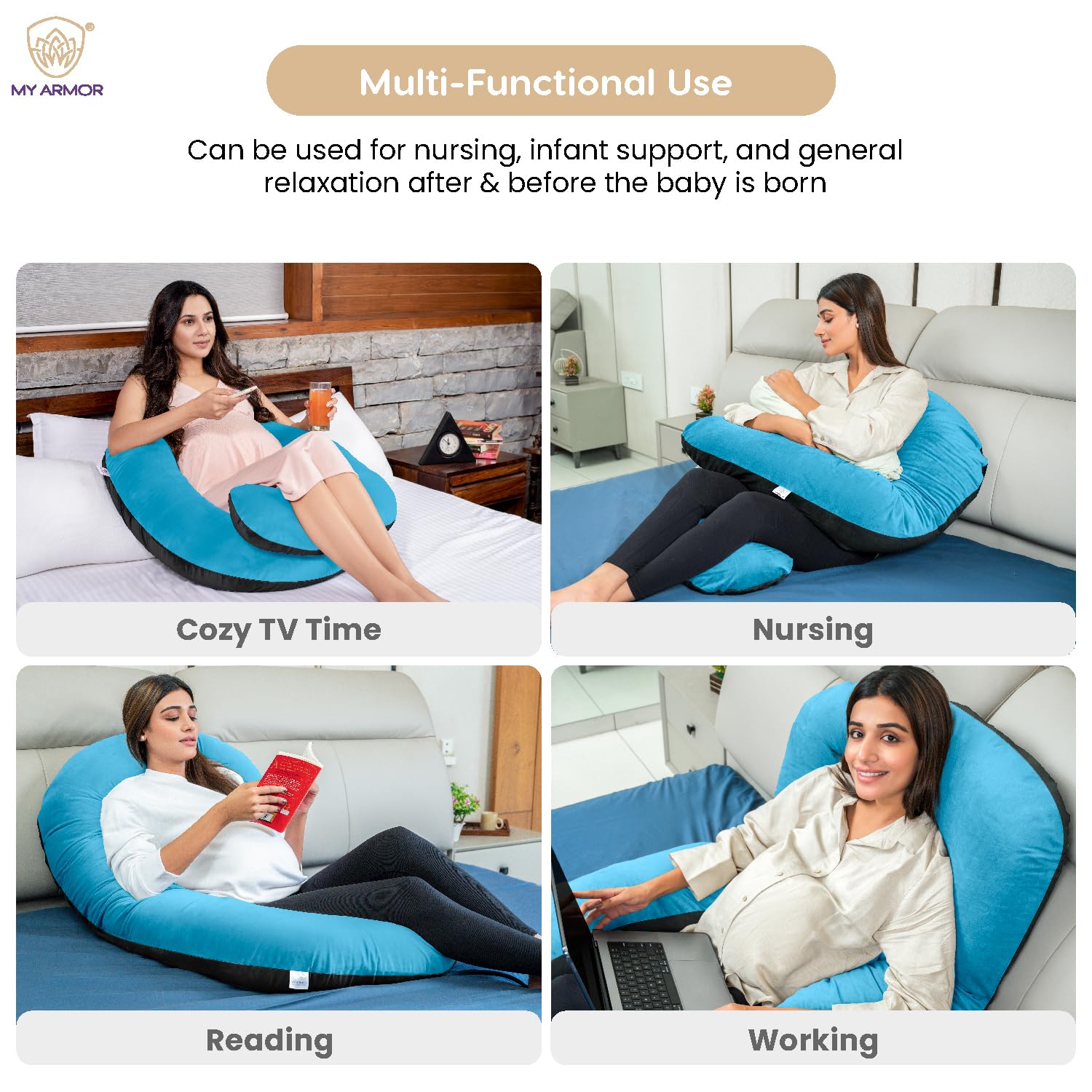 Full Body C Shape Pregnancy Pillow For Women, Maternity Pillow, Black & Sky Blue | Pillow Gift For Pregnancy Sleeping, Premium Velvet Cover With Zip | Adjustable, Relieves Pain, Multipurpose