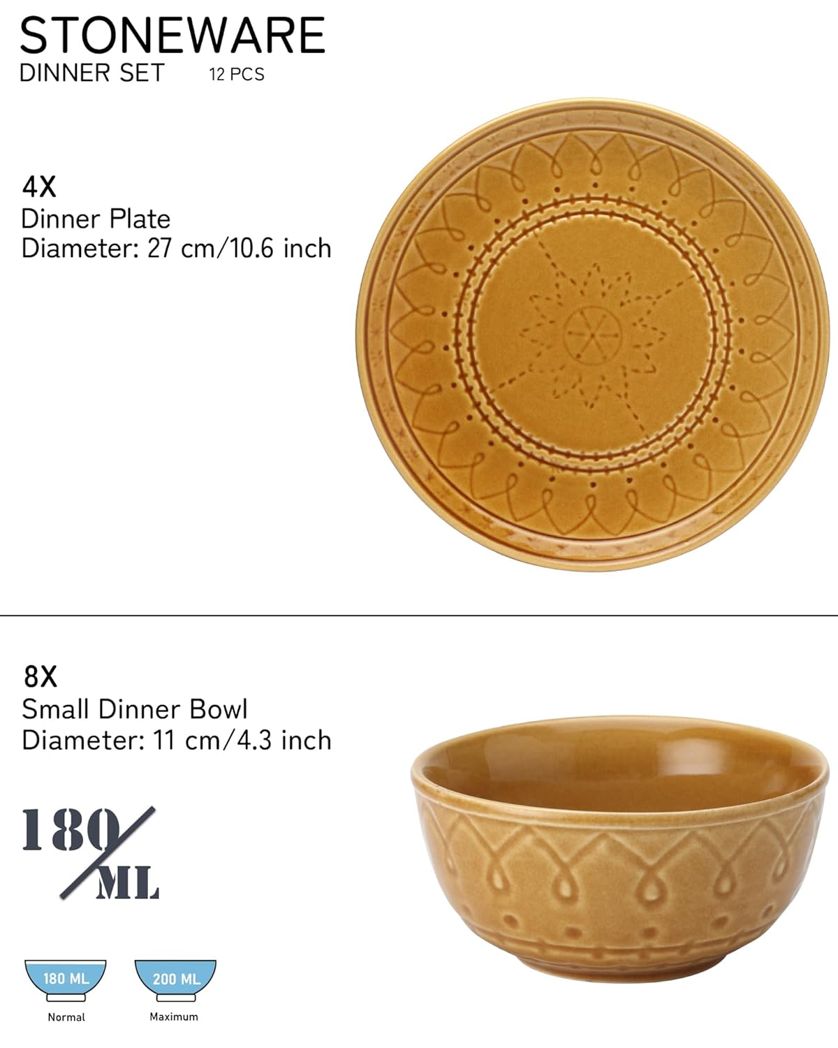 Handcrafted Stoneware Embossed Ceramic Dinner Set Of 12 Pcs - Golden Brown | 4 Dinner Plates+ 8 Salad Bowls, 180ml Each - Microwave & Dishwasher Safe