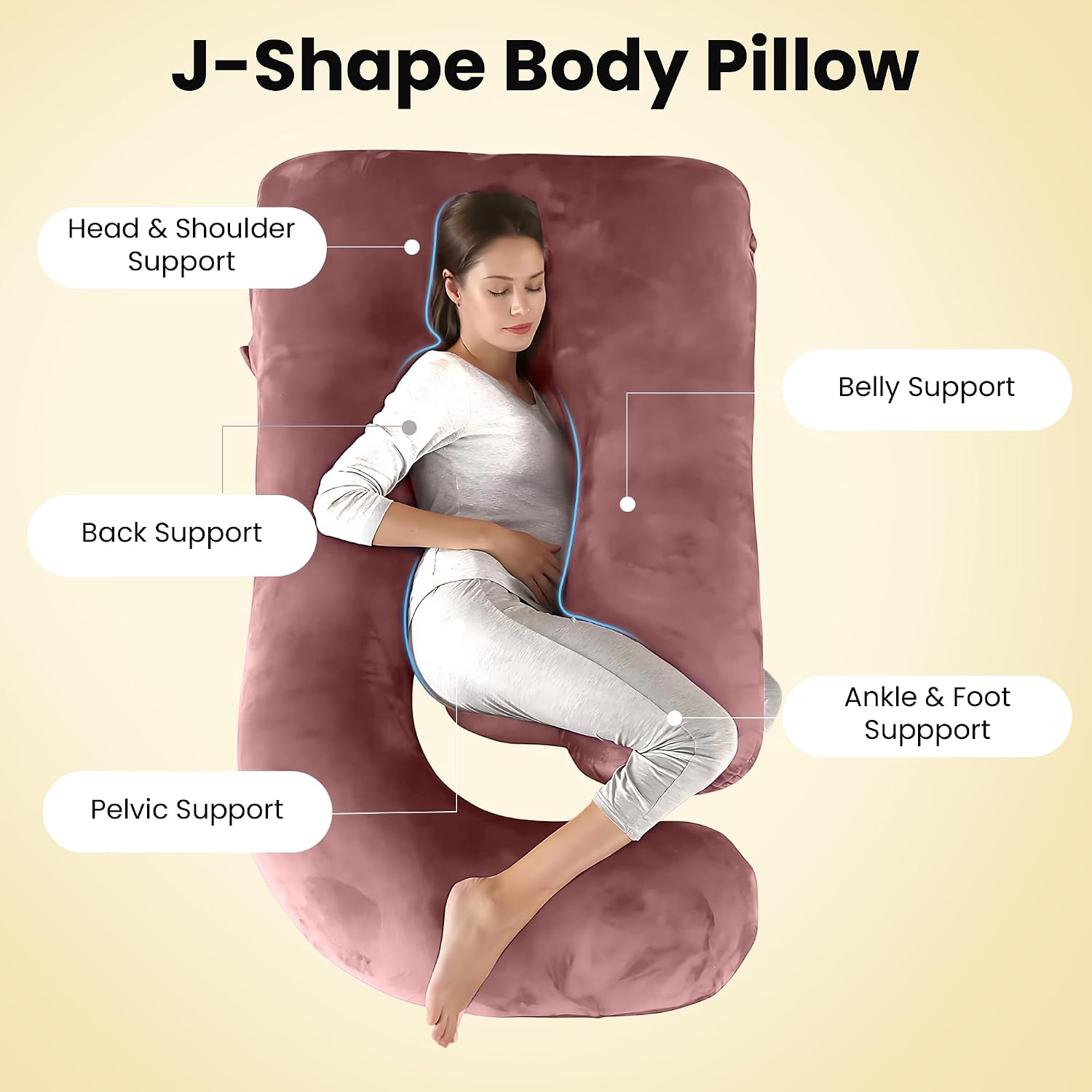 J Shape Full Body Pillow, Pregnancy Pillows For Sleeping, Adjustable, Peach Color | Maternity Pillows For Back, Hips, Legs, Belly | For Pregnant Women With Removable, Washable Velvet Cover