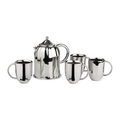 Chrome Stainless Steel Coffee Pot With Mug Set - Dome Series | Corporate Gifting For Diwali - 1 Dome Coffee Pot + 4 Mug | Unbreakable Tea & Coffee Cup With Mirror Polish | Serve Ware & Tableware