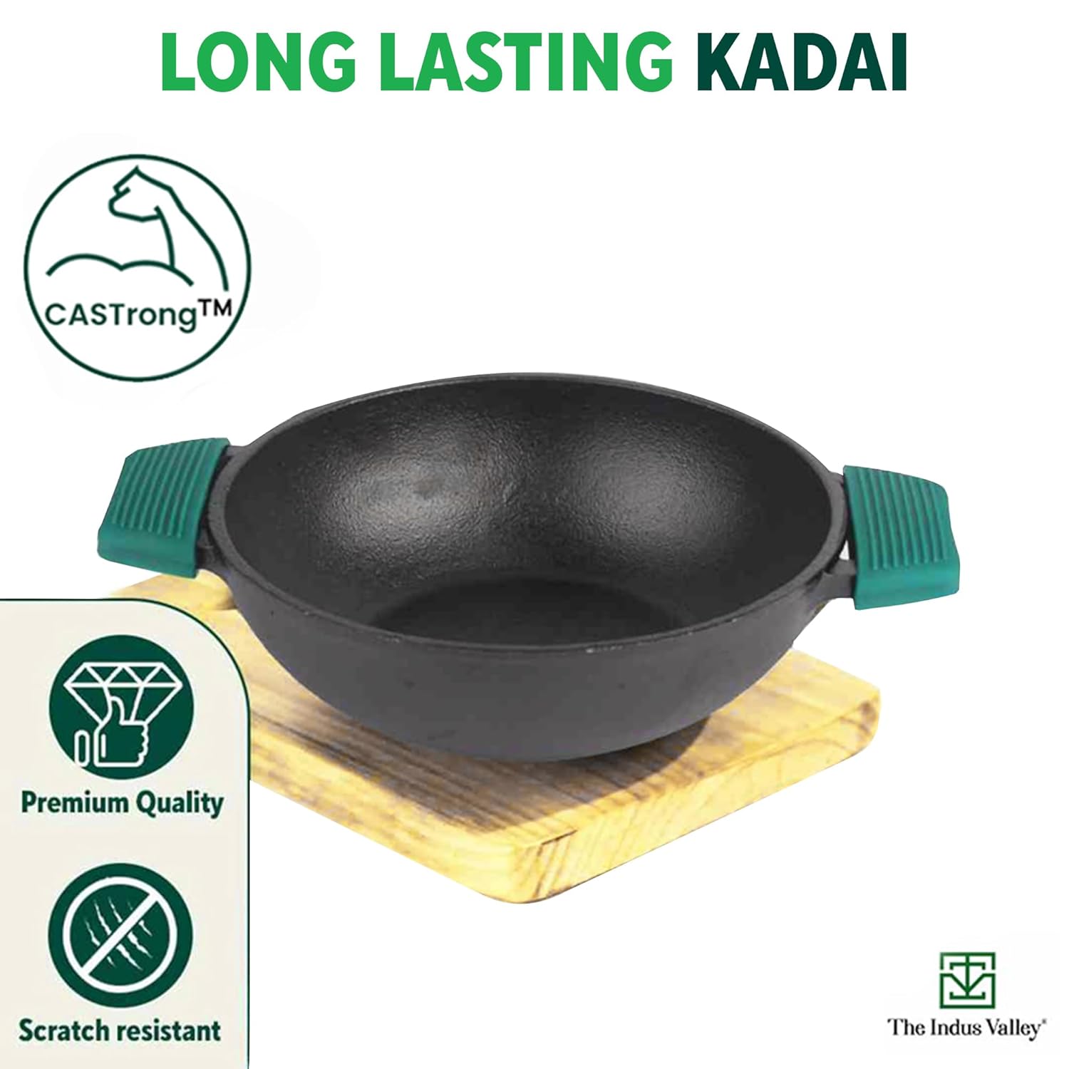 Super Smooth Cast Iron Kadai With Flat Handles & Silicon Grip - Medium, 25.4cm, 10 Inch, 2.5 Liters, 2.4 Kg | Naturally Nonstick, 100% Pure & Toxin-Free, No Chemical Coating