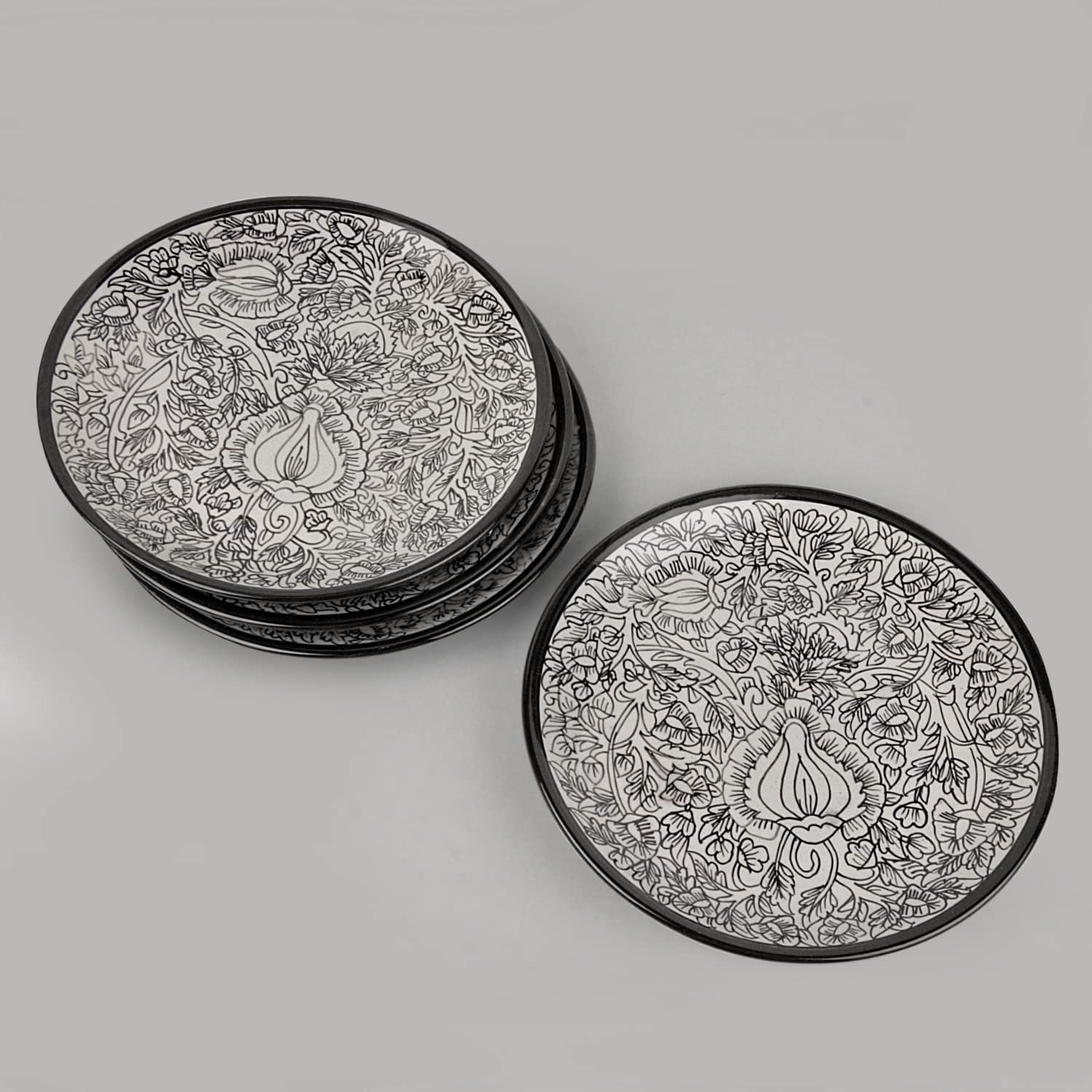 Hand Painted Ceramic Dinner Serving Plates Set Of 4 - Off White & Black, 25 Cm | Full Plates - Ceramic Platter - Kalamkari Collection