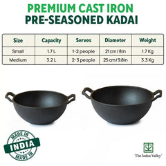 Pre-Seasoned Black Cast Iron Kadai With Curved Handle - Medium, 25cm, 9.8 Inch, 3.2 Liters, 3.3 Kg | Induction Friendly, Naturally Nonstick Kadhai, 100% Pure & Toxin-Free, No Chemical Coating